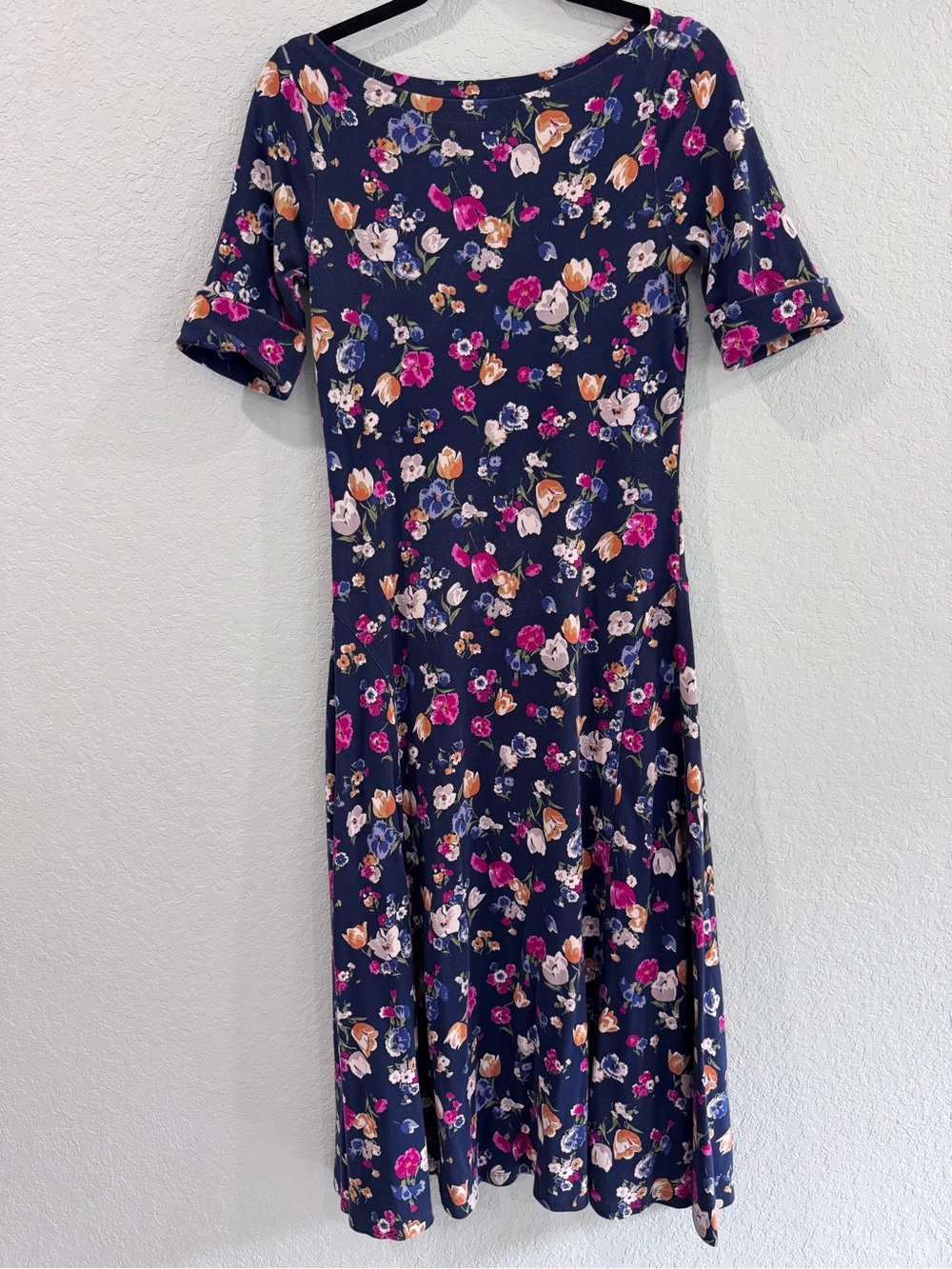 Ralph Lauren Navy Floral Midi Dress with Pink & Cream Blooms